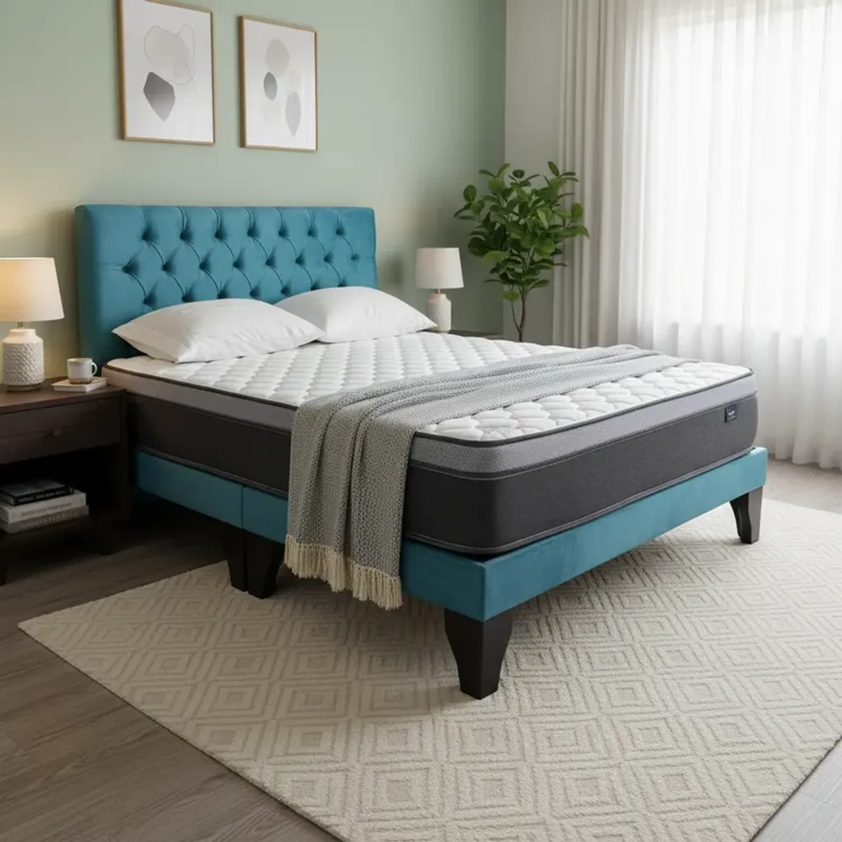 FLOBAL - Cama Europea 2 Plazas Base Dividida + Respaldo Capitones Turquesa