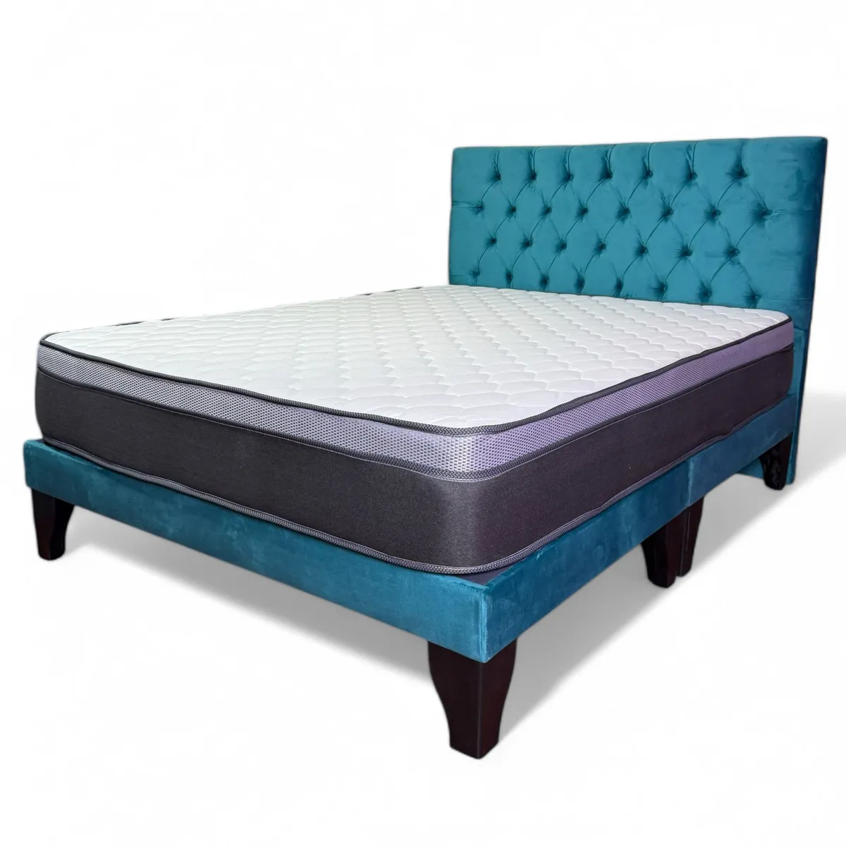 FLOBAL - Cama Europea 2 Plazas Base Dividida + Respaldo Capitones Turquesa