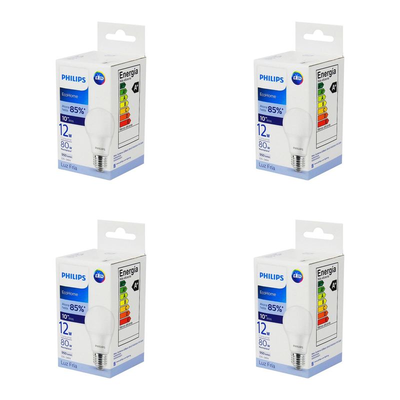 PHILIPS - Pack 4 Ampolletas Philips EcoHome Led bulbo 12W Luz Fria 950 LM