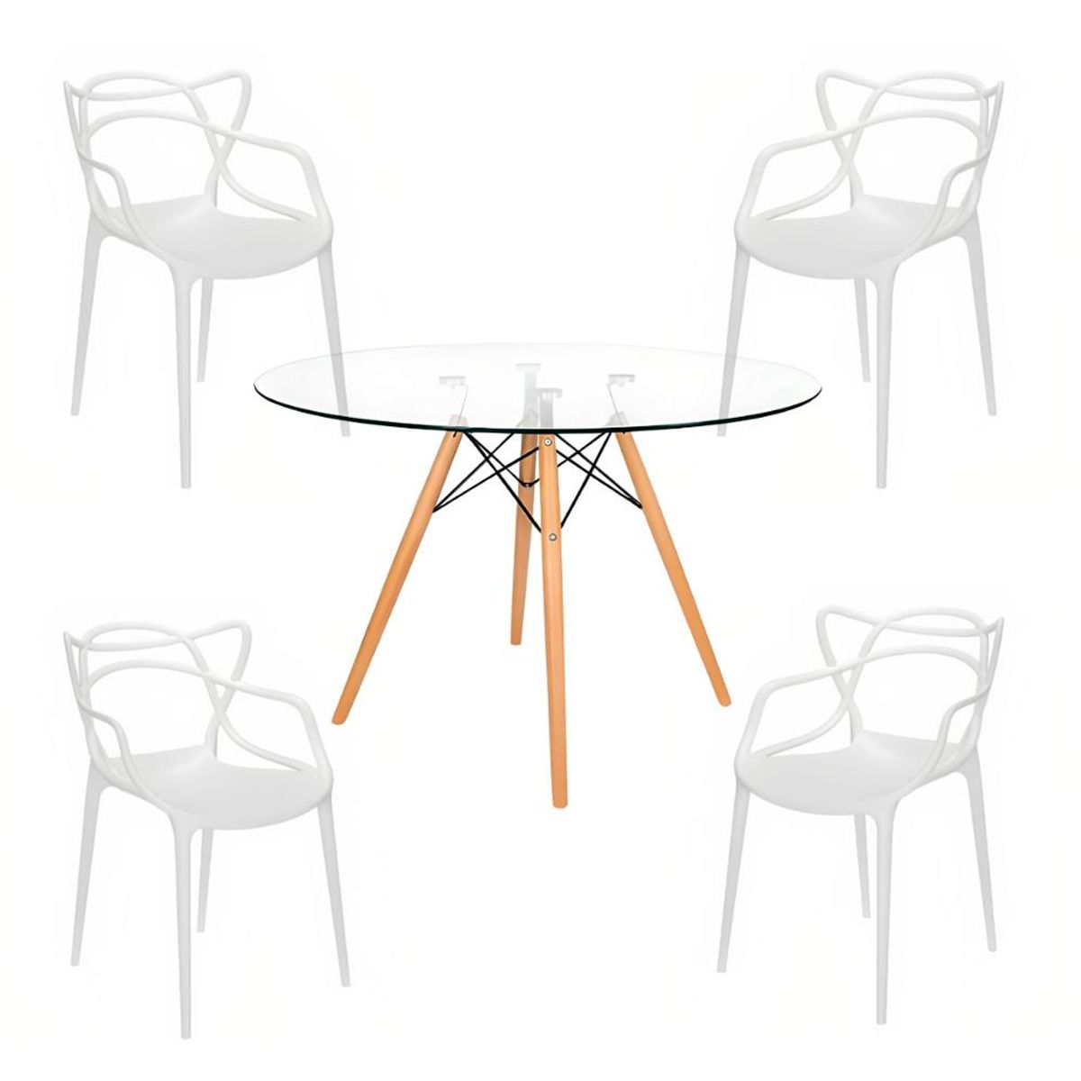KLIK - Comedor Mesa Eames Vidrio 80cm - 4 Sillas Master Blancas KLIK