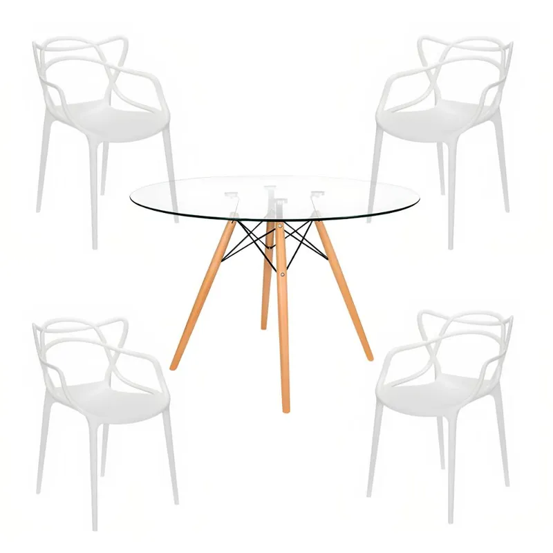 KLIK - Comedor Mesa Eames Vidrio 80cm - 4 Sillas Master Blancas KLIK