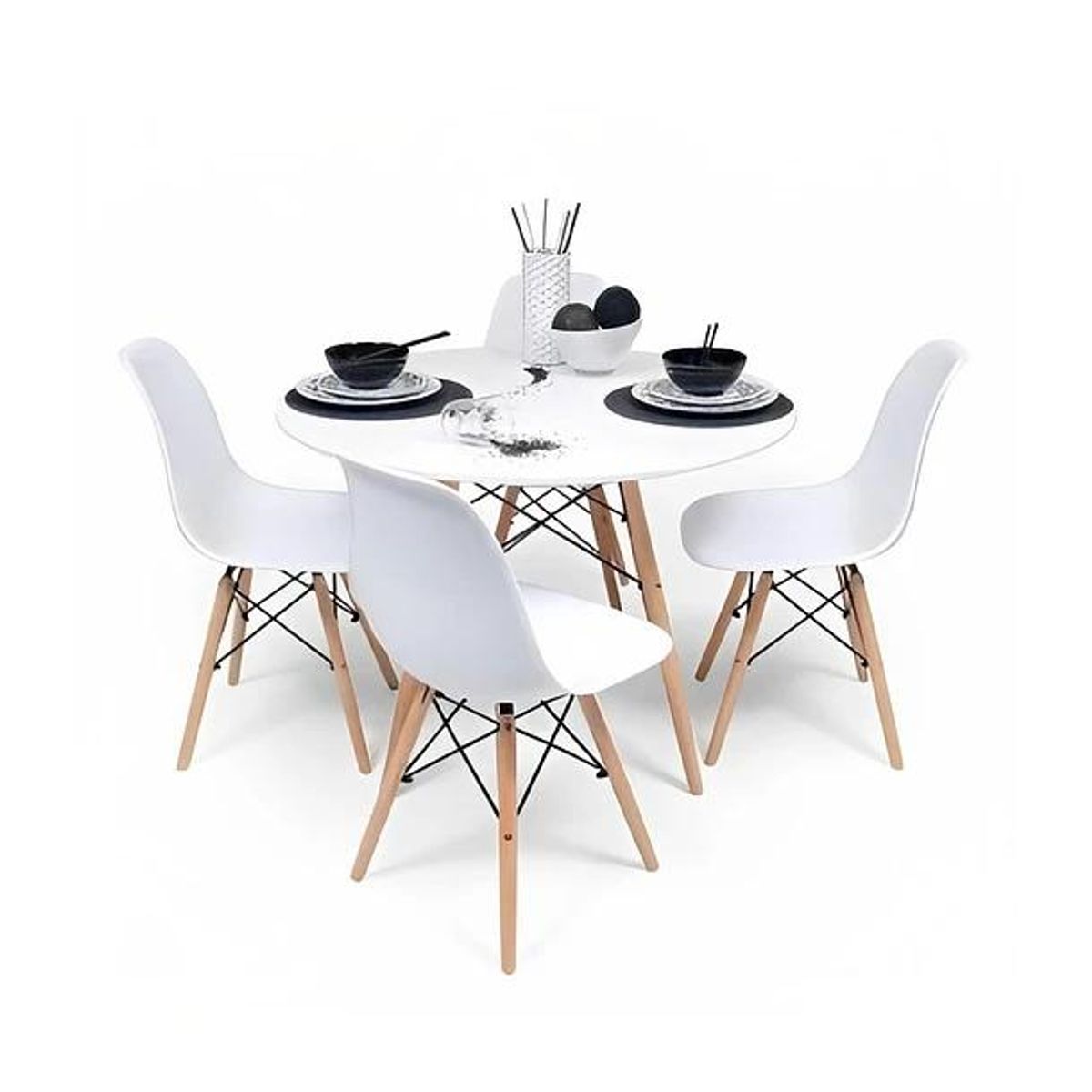 KLIK - Comedor Mesa Eames Redonda Blanca 100cm + 4 Sillas Eames Blancas KLIK