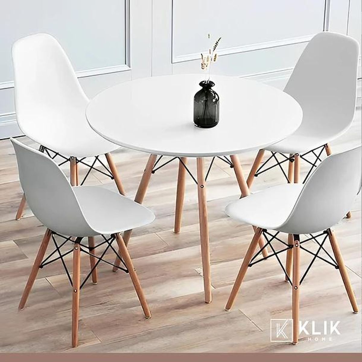 KLIK - Comedor Mesa Eames Redonda Blanca 100cm + 4 Sillas Eames Blancas KLIK