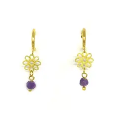 COGGIOLA - Aros Argollas Flor Colgante Amatista Enchapado Oro 18K