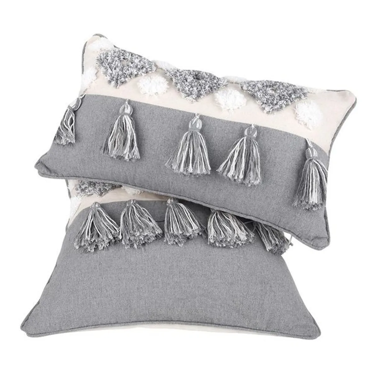 GENERICO - Funda de cojín gris flecos rectangular - pack dos