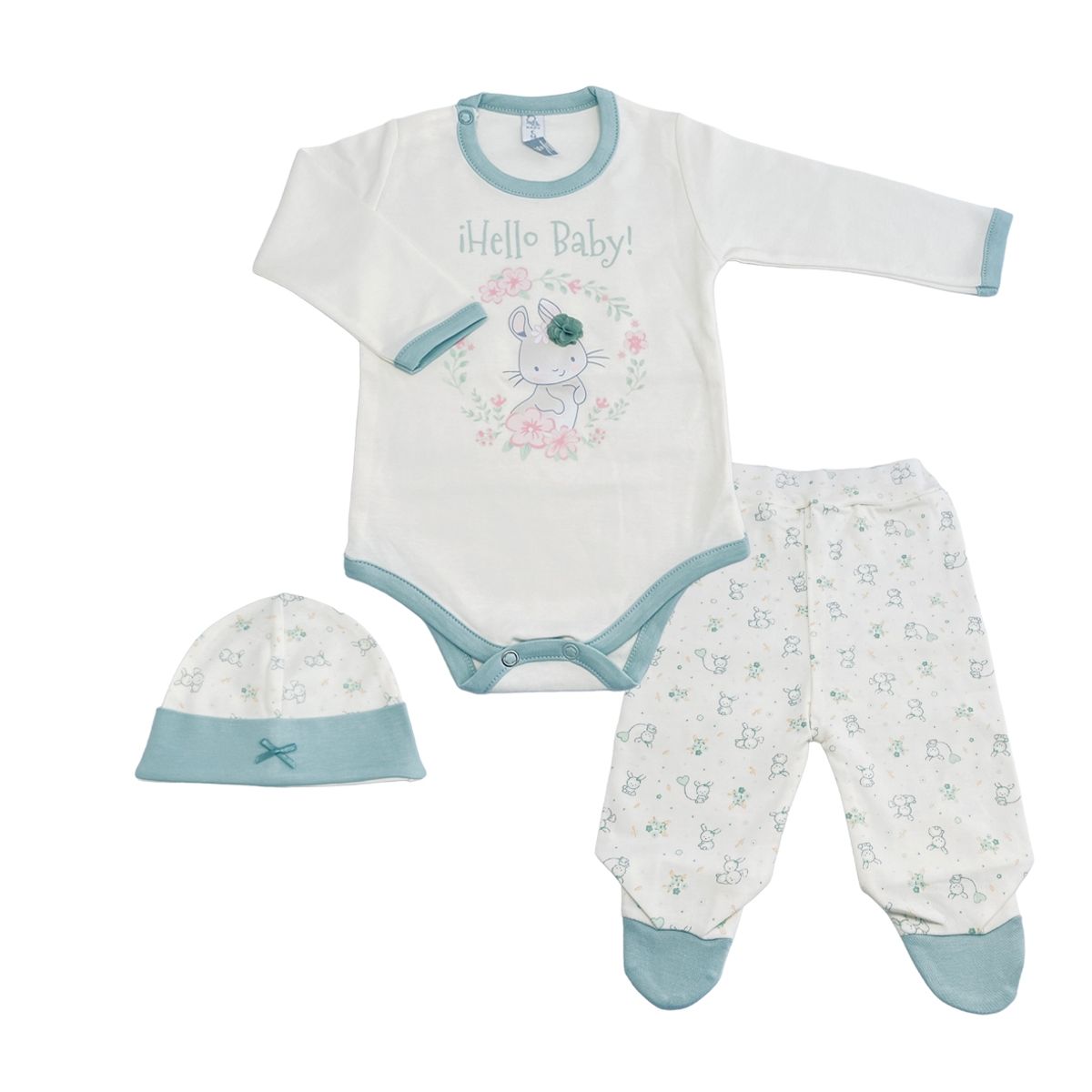 MOONWEAR - Ajuar 3 Piezas Hello Verde Algodón Peruano