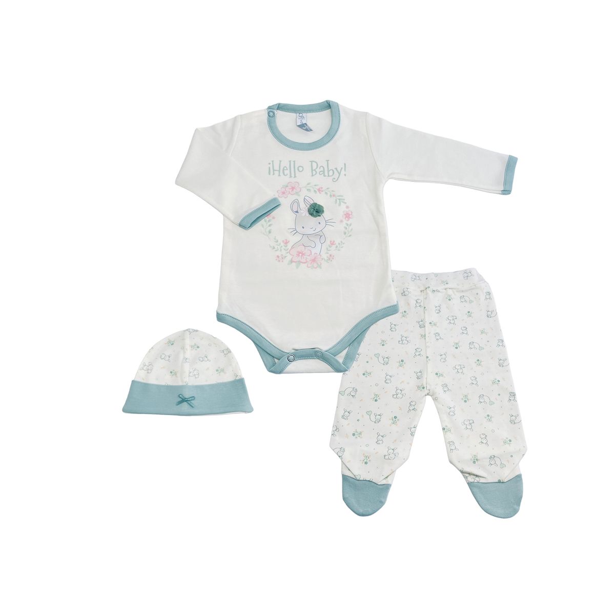 MOONWEAR - Ajuar 3 Piezas Hello Verde Algodón Peruano