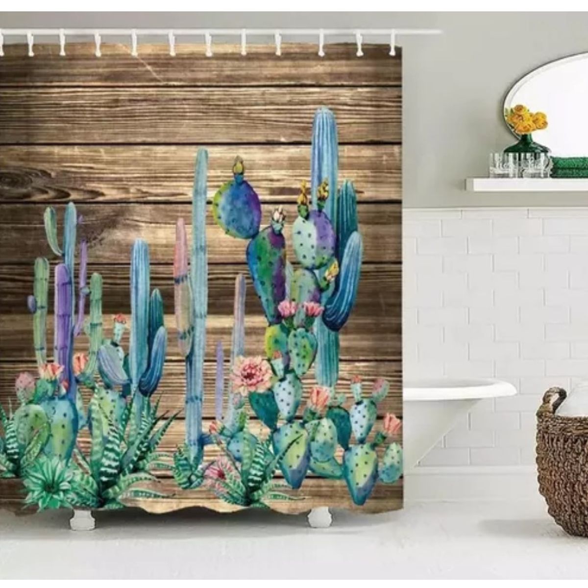 GENERICO - Cortina Baño Ducha Impermeable Cactus 12 Ganchos 180 x 200 Cm.