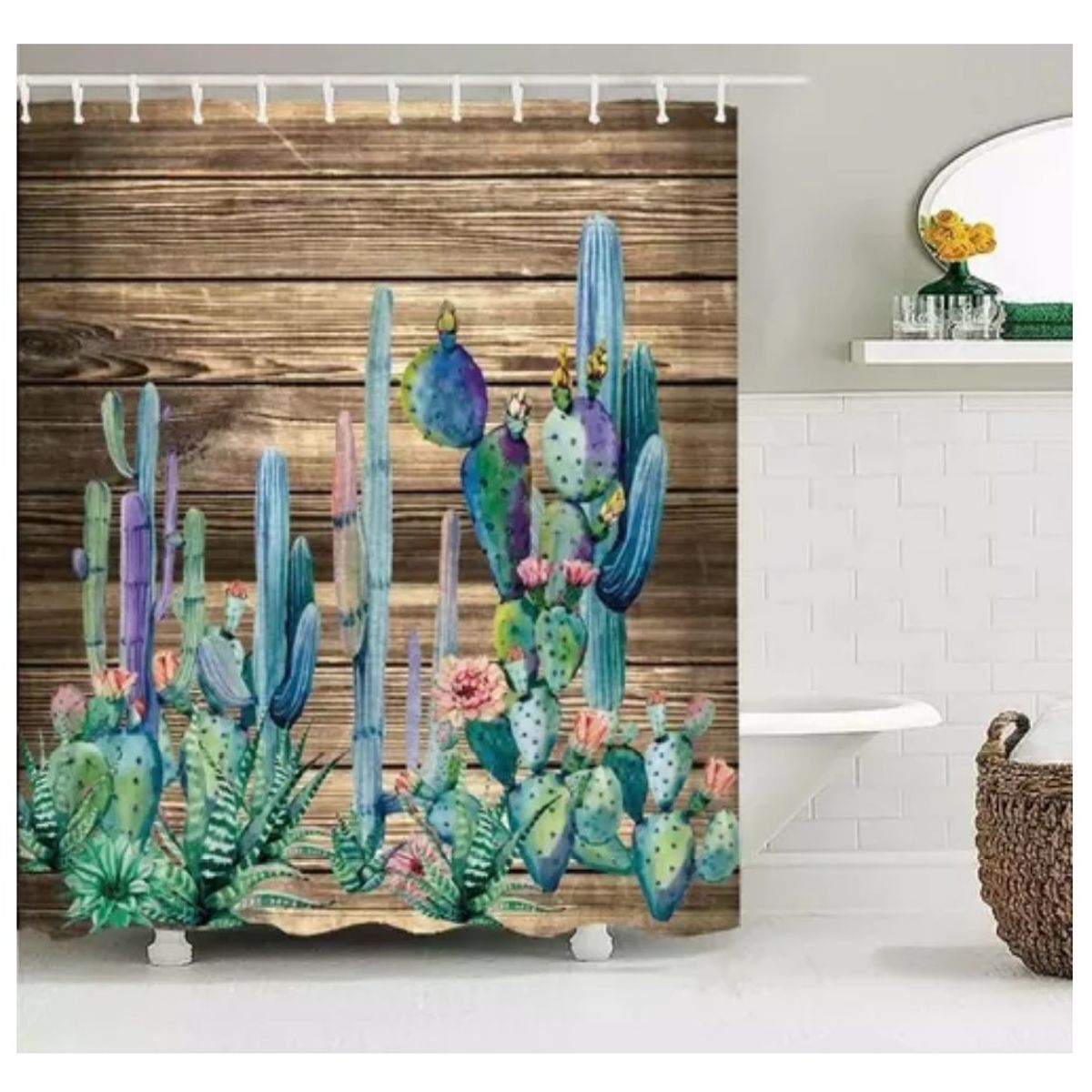 GENERICO - Cortina Baño Ducha Impermeable Cactus 12 Ganchos 180 x 200 Cm.