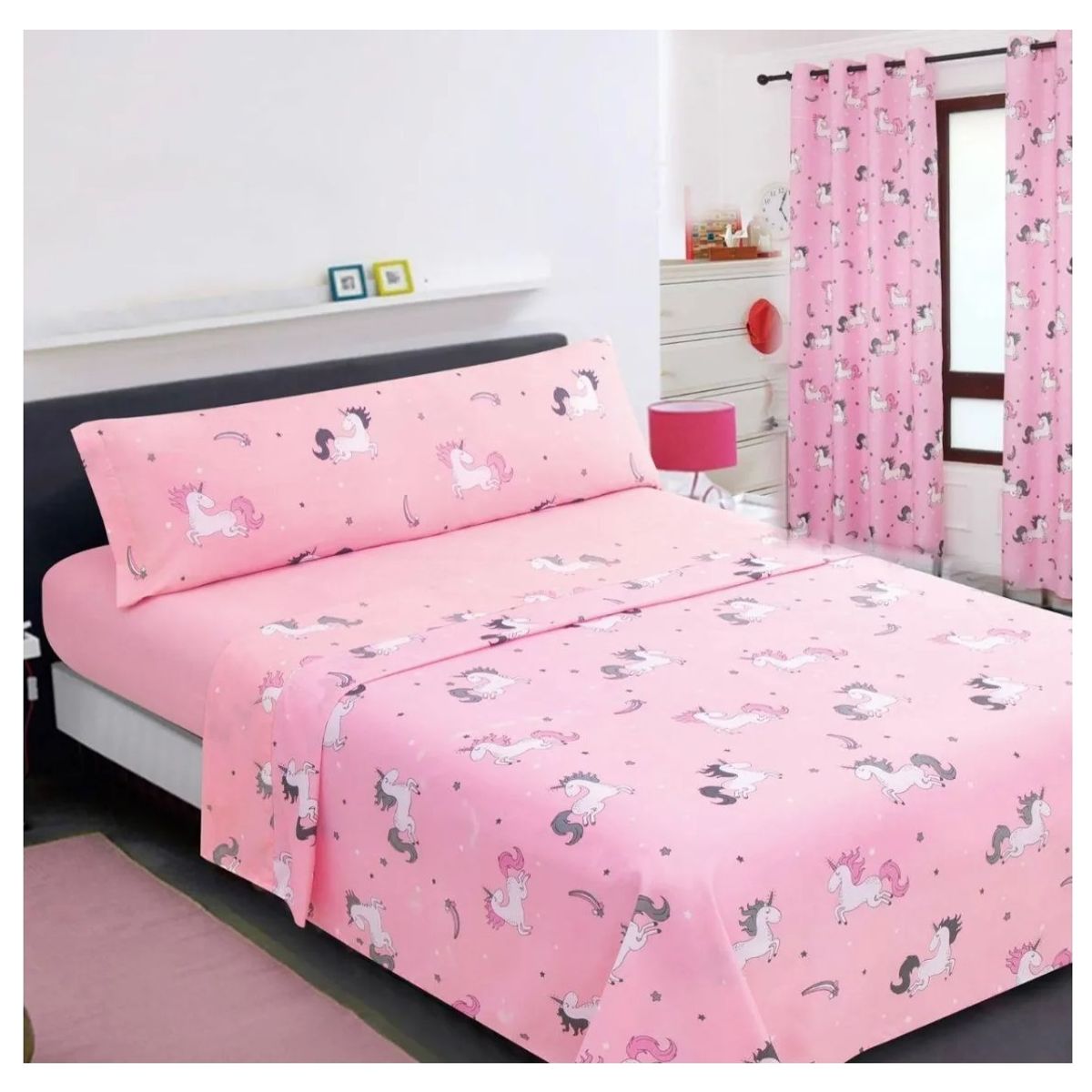 COMPRAPO - 2 Juegos de Sábanas 1.5 Plaza Unicornio Rosa