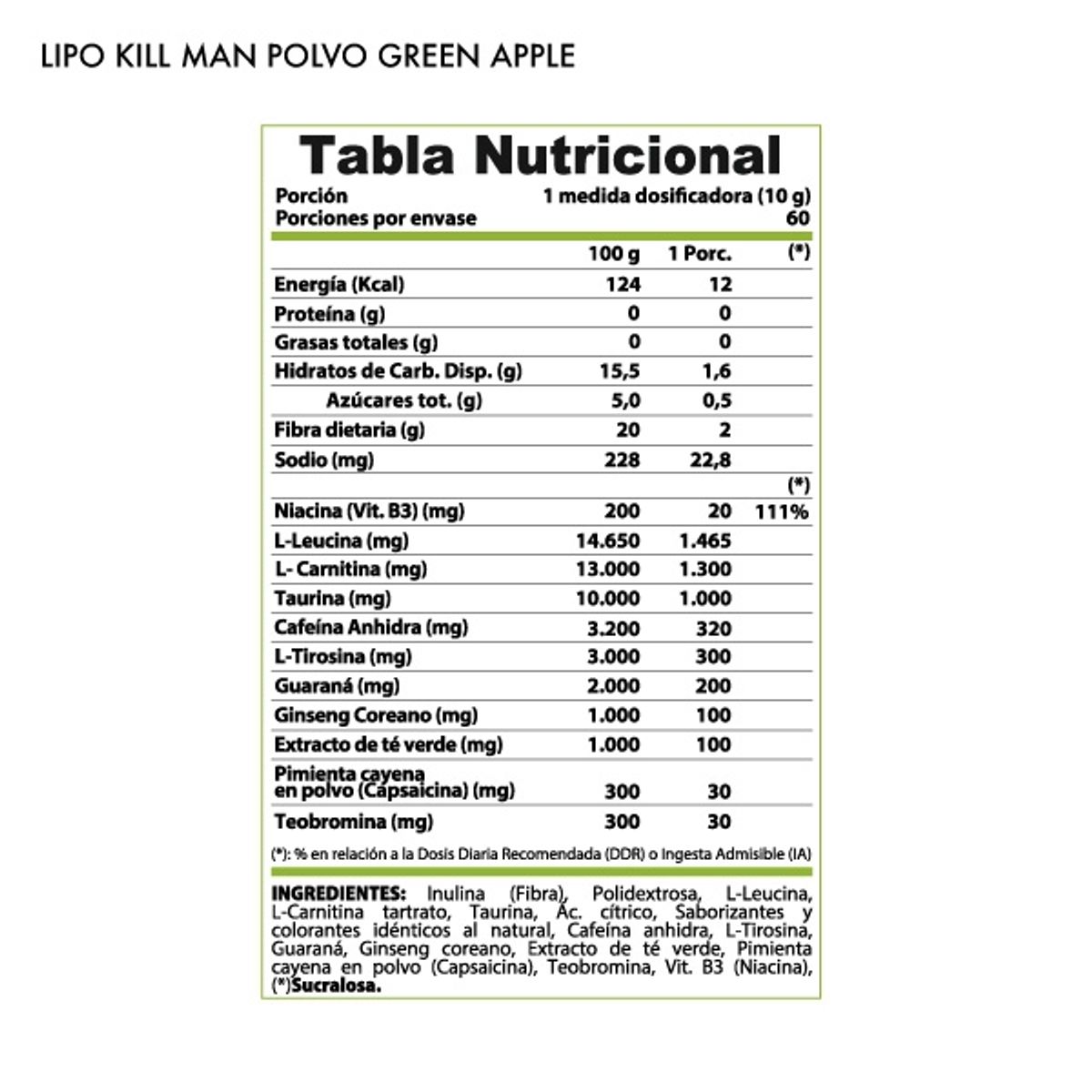 WINKLER NUTRITION - Termogénico Polvo Lipo Kill Hombre Green Apple 600 grs.