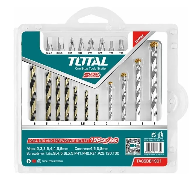 TOTAL TOOLS - Juego Brocas Y Puntas P/ Atornillador Taladro 19 Pcs