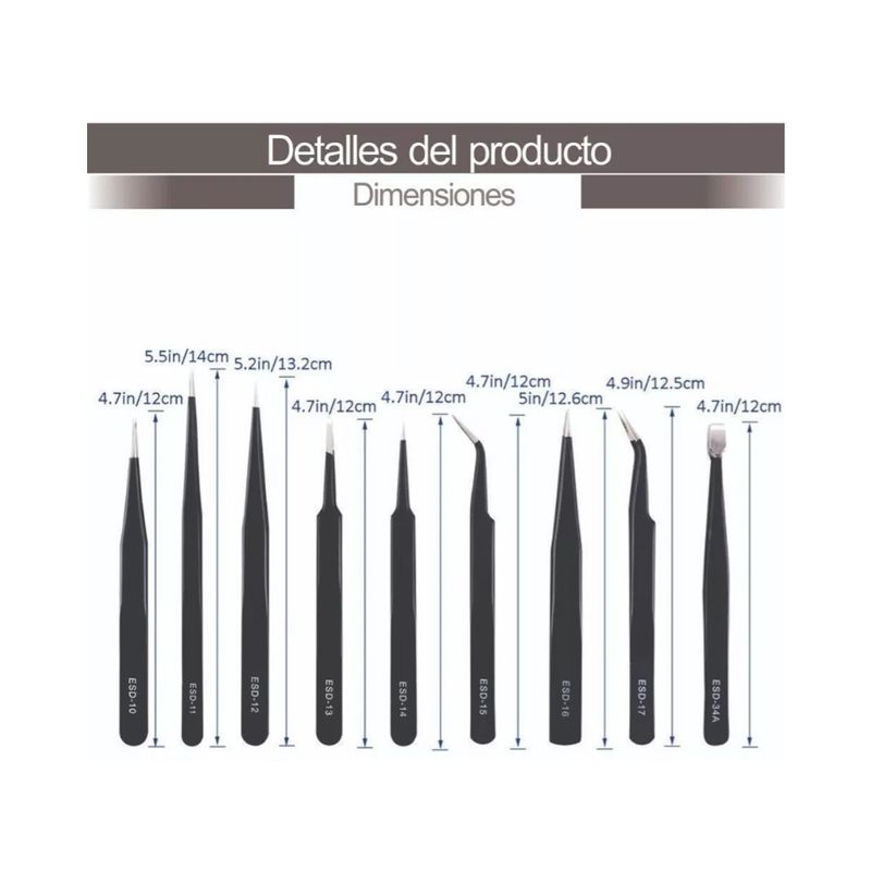 GENERICO - Set De 9 Pinzas Antiestática De Acero Inoxidable