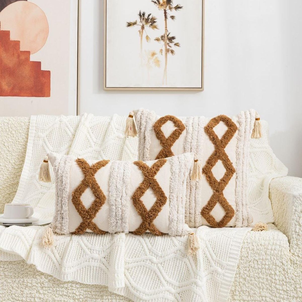 GENERICO - Funda de cojín Crudo rectangular - Pack dos material con borlas