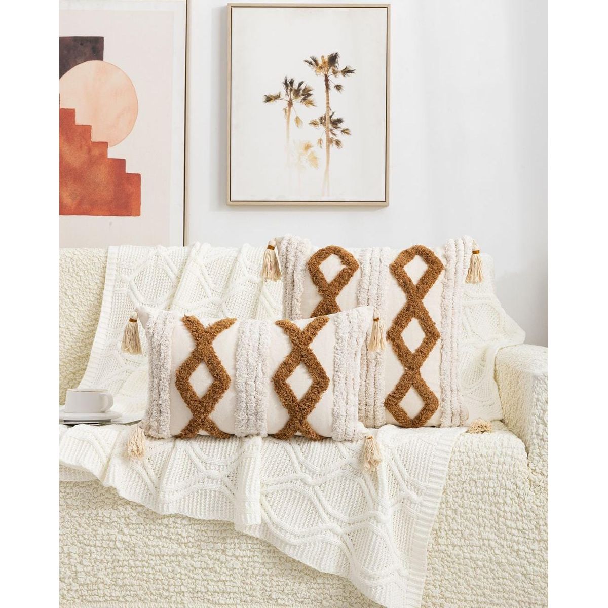 GENERICO - Funda de cojín Crudo rectangular - Pack dos material con borlas