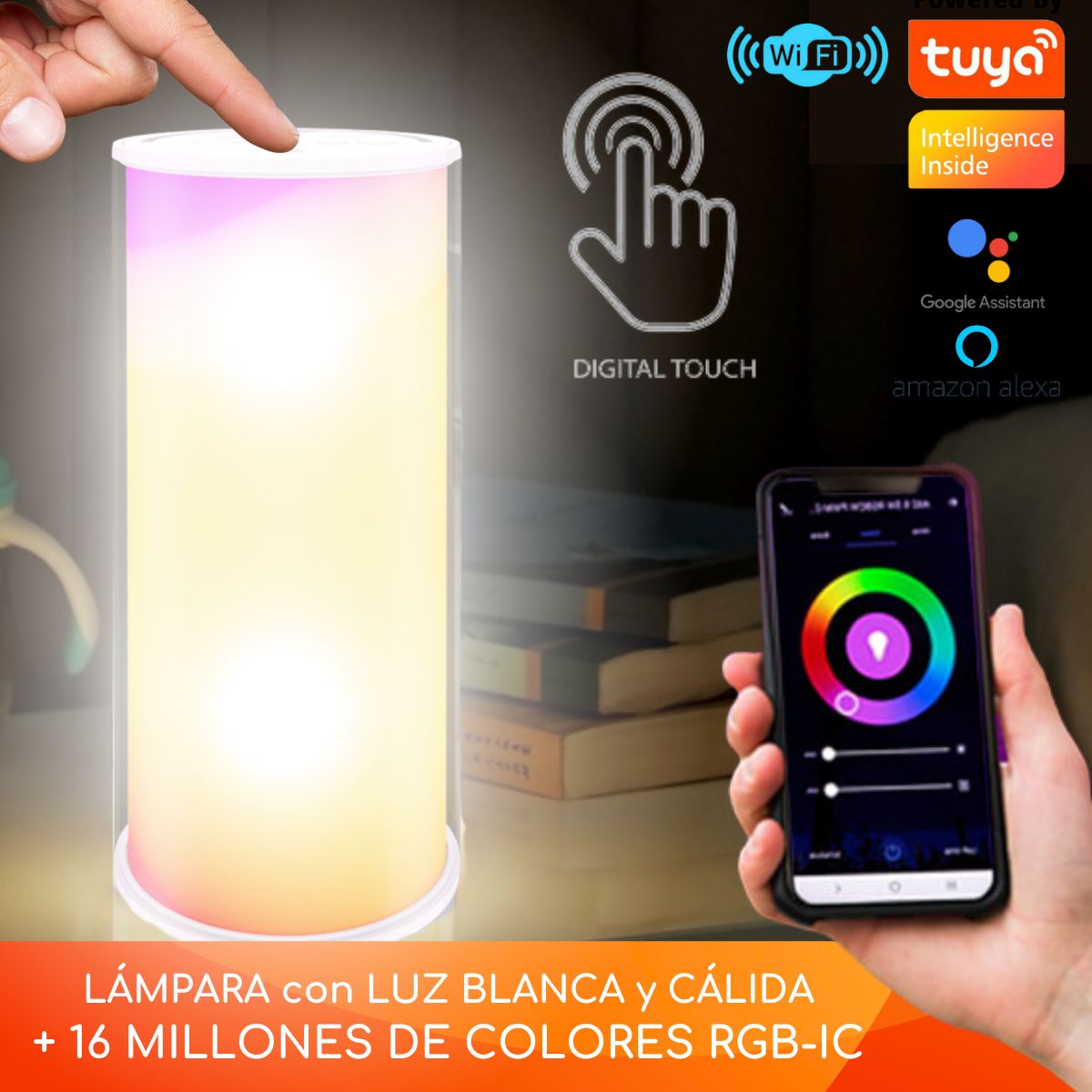 D MOTICA - Lámpara Touch Wifi Inteligente Ambiental Blancos y Colores RGB-IC