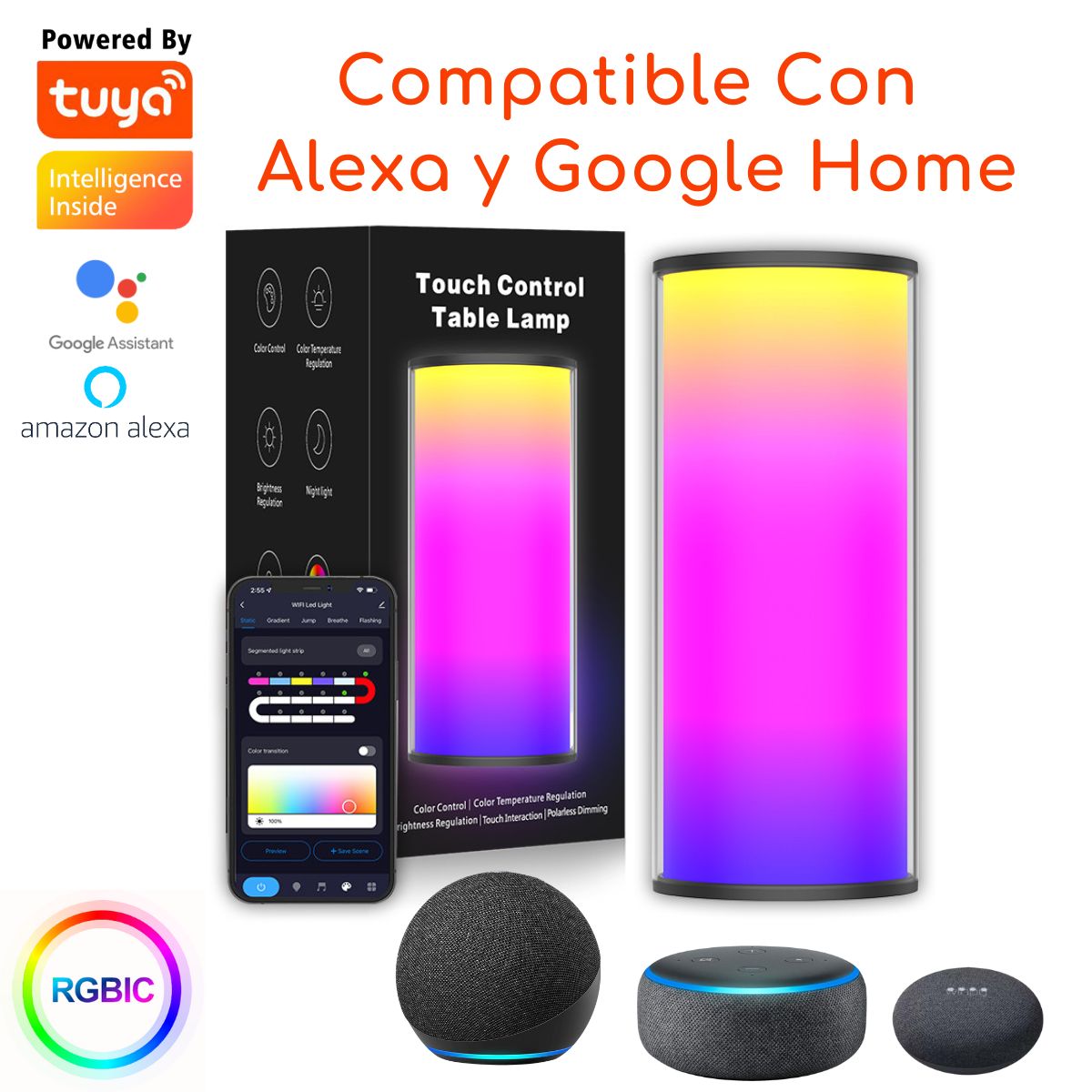 D MOTICA - Lámpara Touch Wifi Inteligente Ambiental Blancos y Colores RGB-IC