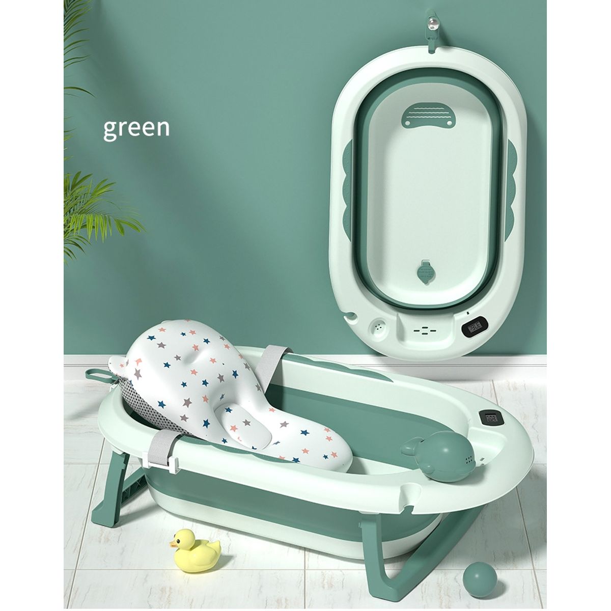 VOYAGE - Bañera Whale Green con Cojín y Térmometro