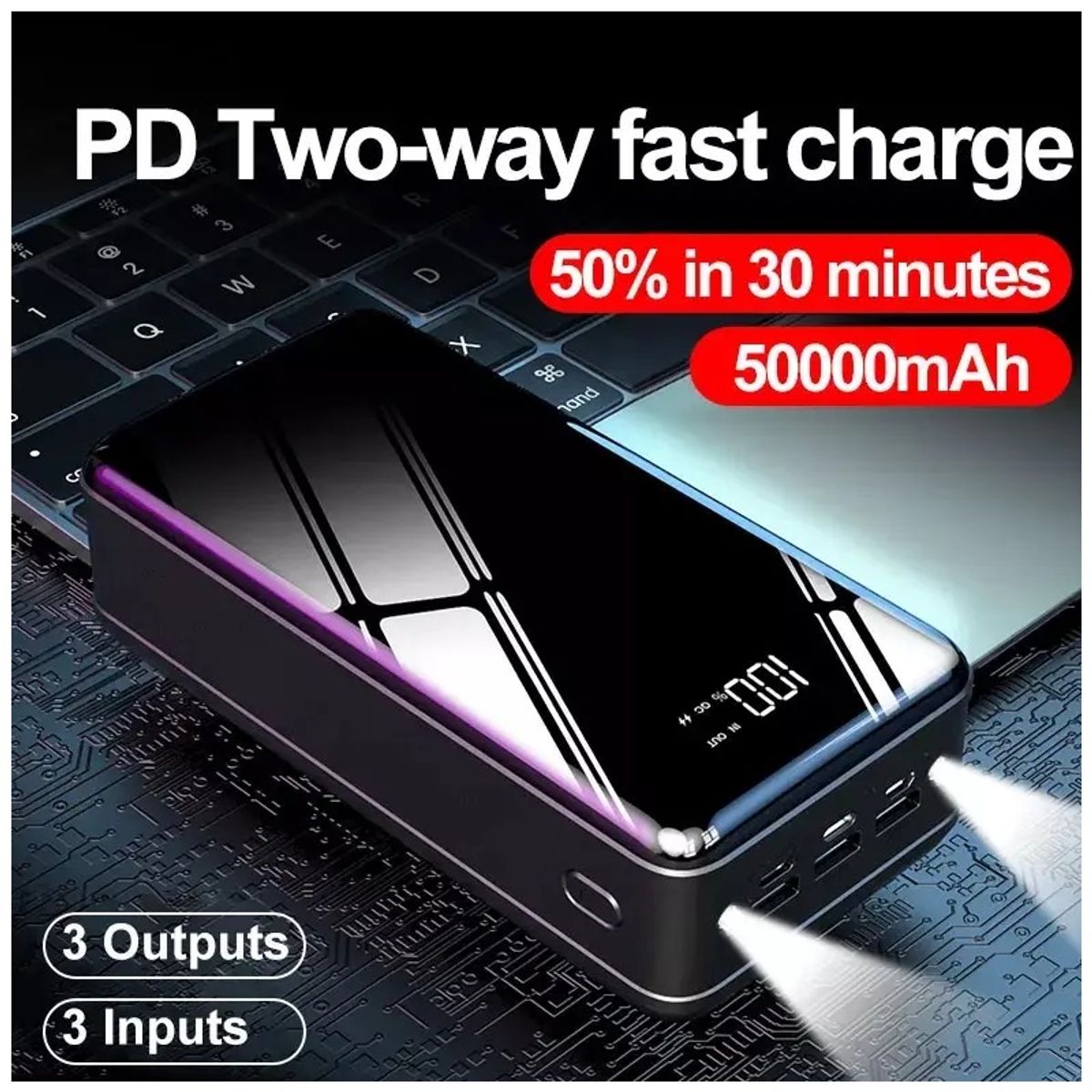 GENERICO - Cargador Portátil Power Bank 50000 mAh 3USB Tipo C Lightning linterna LED Compatible Carga Rápida