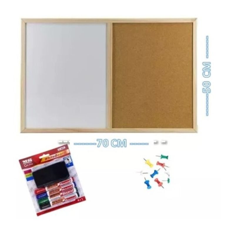 GENERICO - Pizarra Mixta Corcho  Acrilico 50x70 Marco Madera  Kit