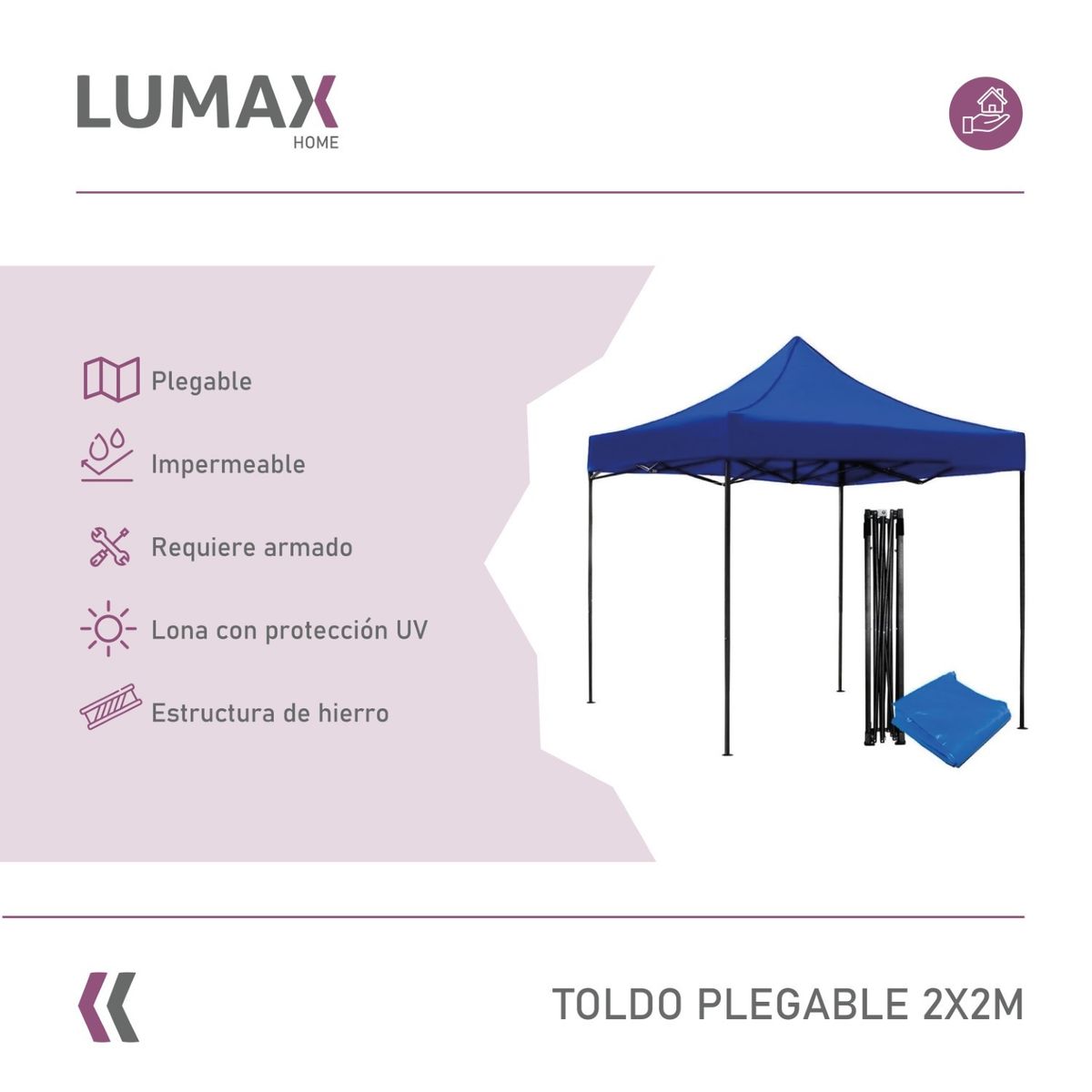 Toldo Plegable 2x2m Super Reforzado Con Lona Azul, marca LUMAX - Foto 2