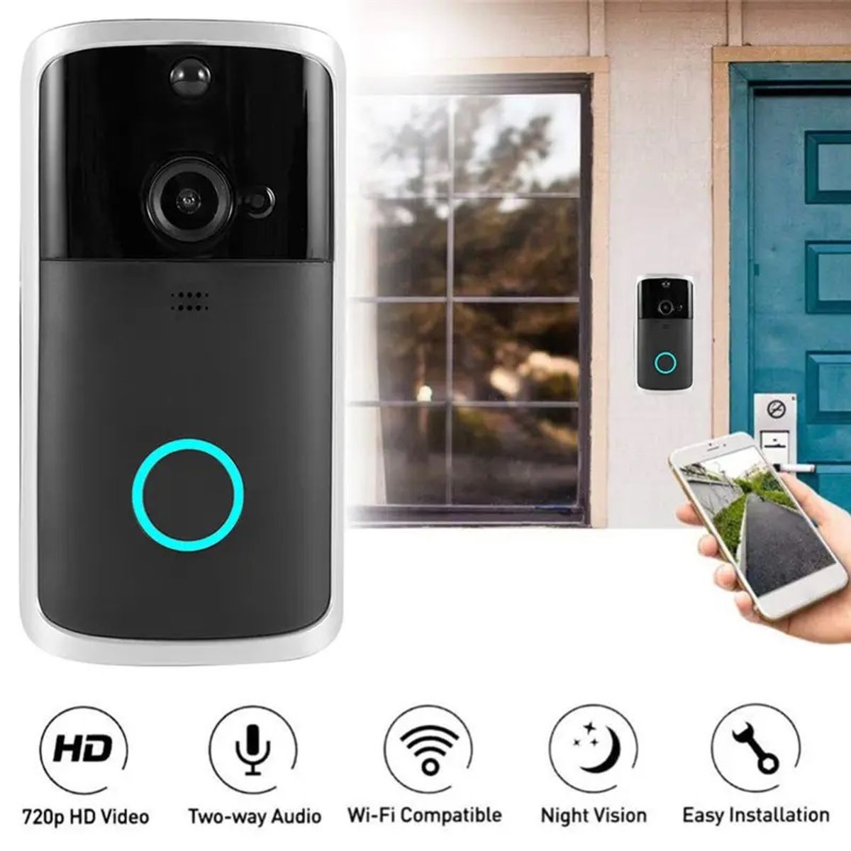 GENERICO - Cámara inteligente Portero Wifi DoorBell con Timbre para Smartphone Intercomunicador Ángulo 166°