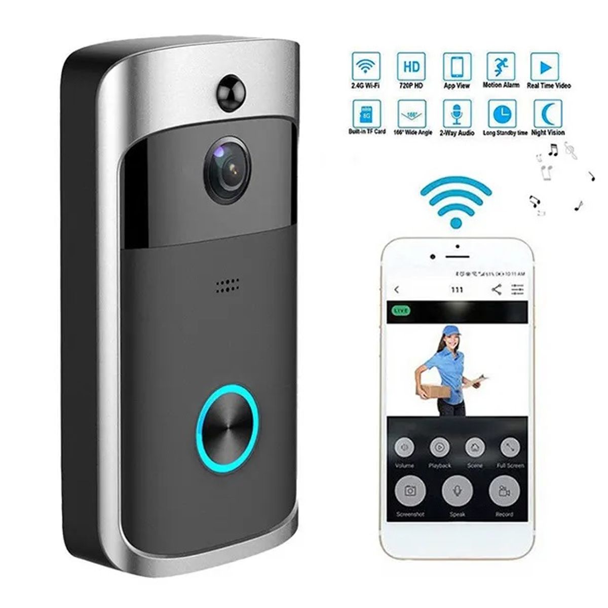 GENERICO - Portero Wifi DoorBell Inteligente con Timbre para Smartphone  e Intercomunicador 166° Ángulo Visión