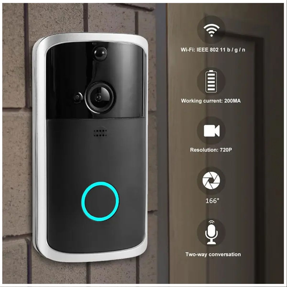 GENERICO - Portero Wifi DoorBell Inteligente con Timbre para Smartphone  e Intercomunicador 166° Ángulo Visión