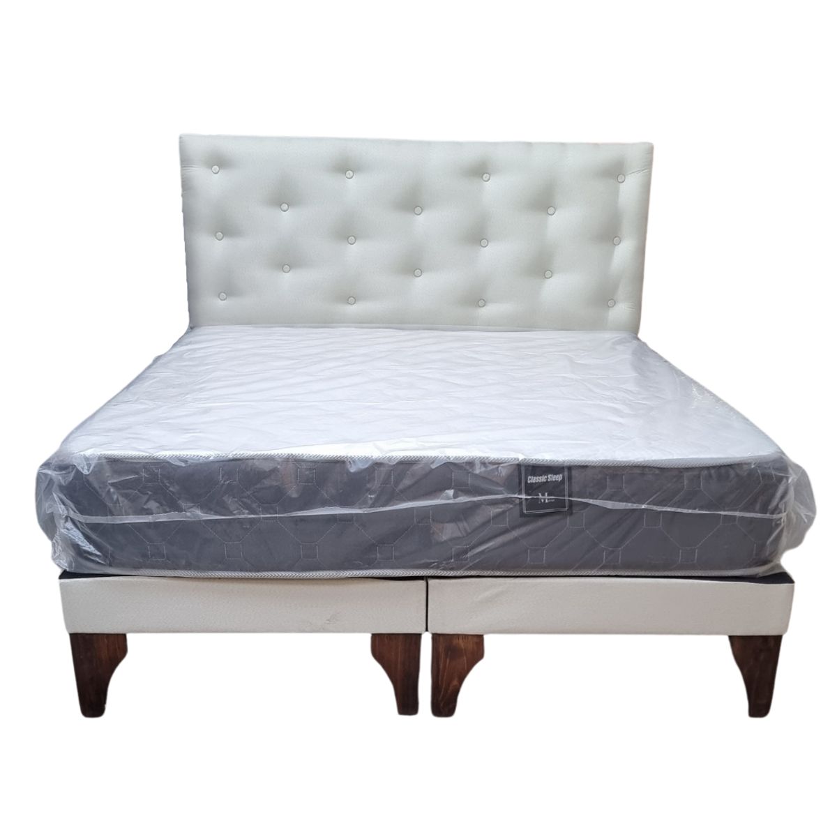 GENERICO - Cama Europea 2 Plazas Respaldo Crudo Lino Colchón Resorte Bonnell.