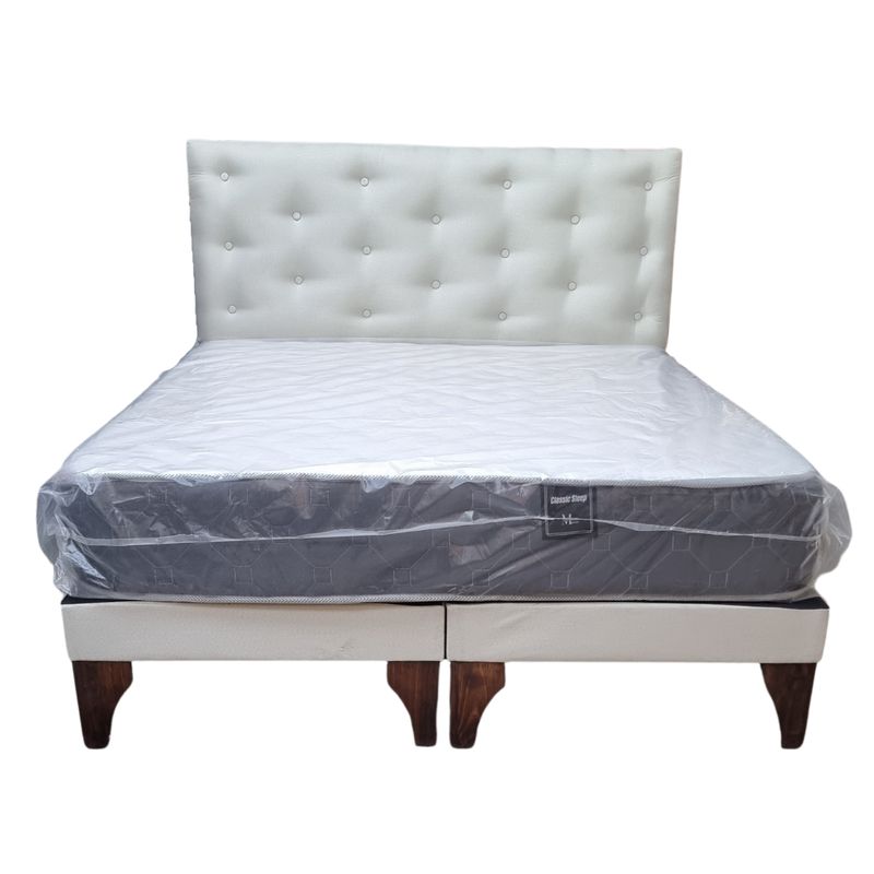 GENERICO - Cama Europea 2 Plazas Respaldo Crudo Lino Colchón Resorte Bonnell