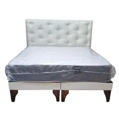 GENERICO - Cama Europea 2 Plazas Respaldo Crudo Lino Colchón Resorte Bonnell.