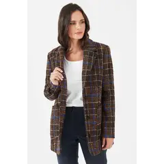 PRIVILEGE - Chaqueta con lana cafe cuadros 27 - Café