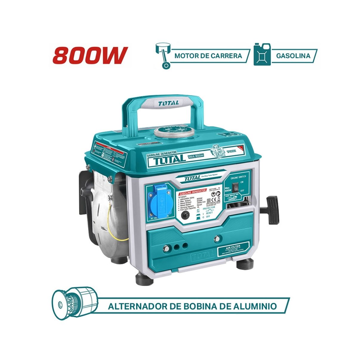 TOTAL TOOLS - Generador Eléctrico a Gasolina 800w - 2 Tiempos + 3 Accesorios TOTAL