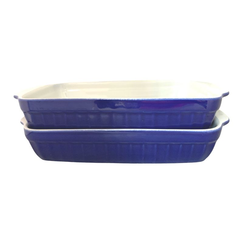 GENERICO - Set 2 fuentes de cerámica tipo GRES, RECT. - 31cm.  Blanco- azul.