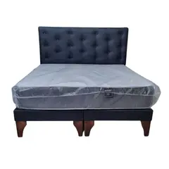 GENERICO - Cama Europea 2 Plazas Respaldo Negro Lino Colchón Resorte Bonnell