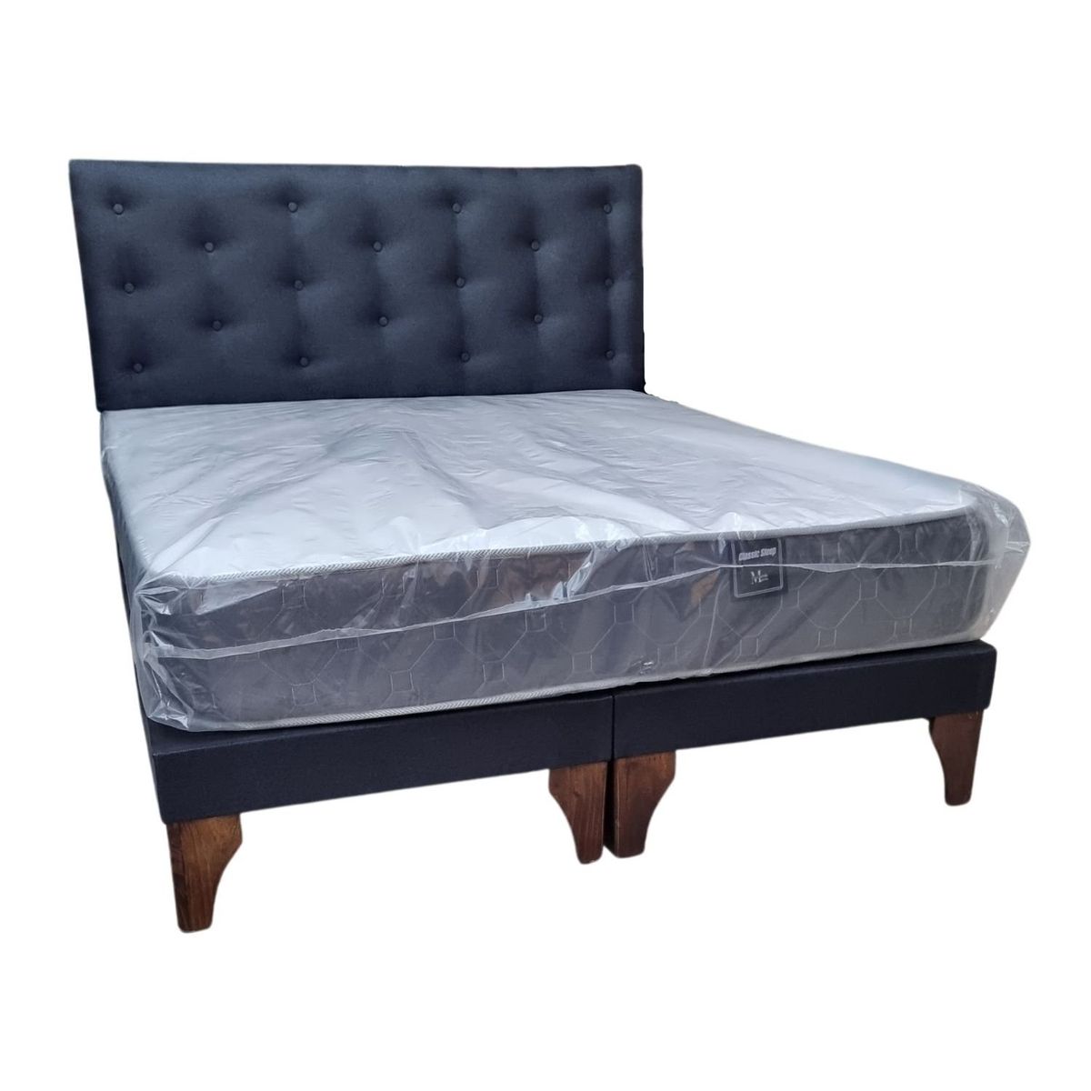 GENERICO - Cama Europea 2 Plazas Respaldo Negro Lino Colchón Resorte Bonnell.