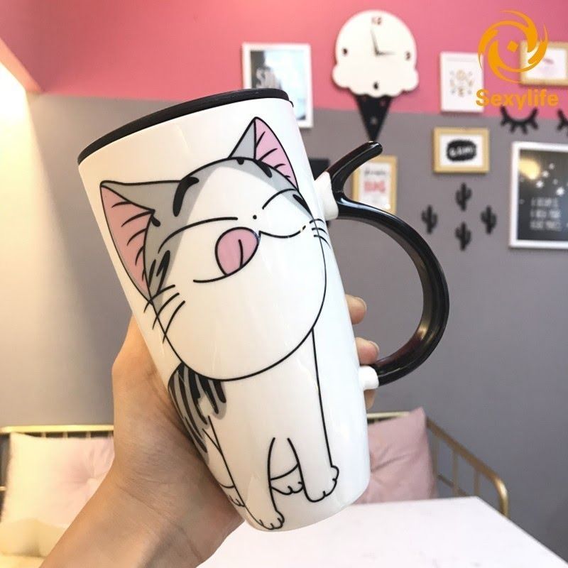 GENERICO - Taza De Gato Chi Mug Con Tapa Boquilla Cuchara Bombilla Mod D Lengua