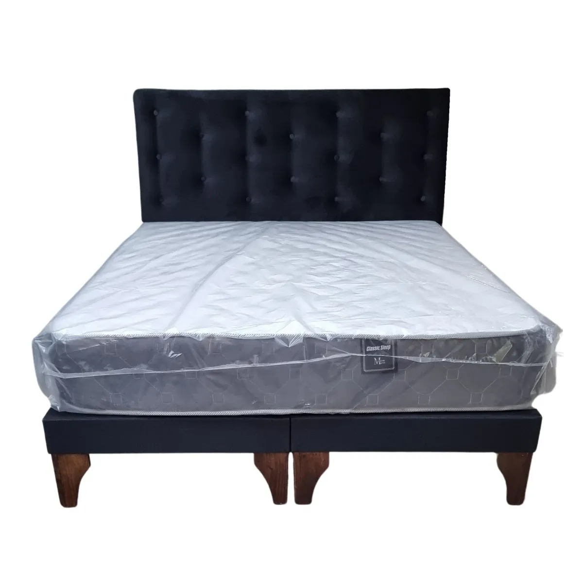 GENERICO - Cama Europea 2 Plazas Respaldo Negro Felpa Colchón Resorte.