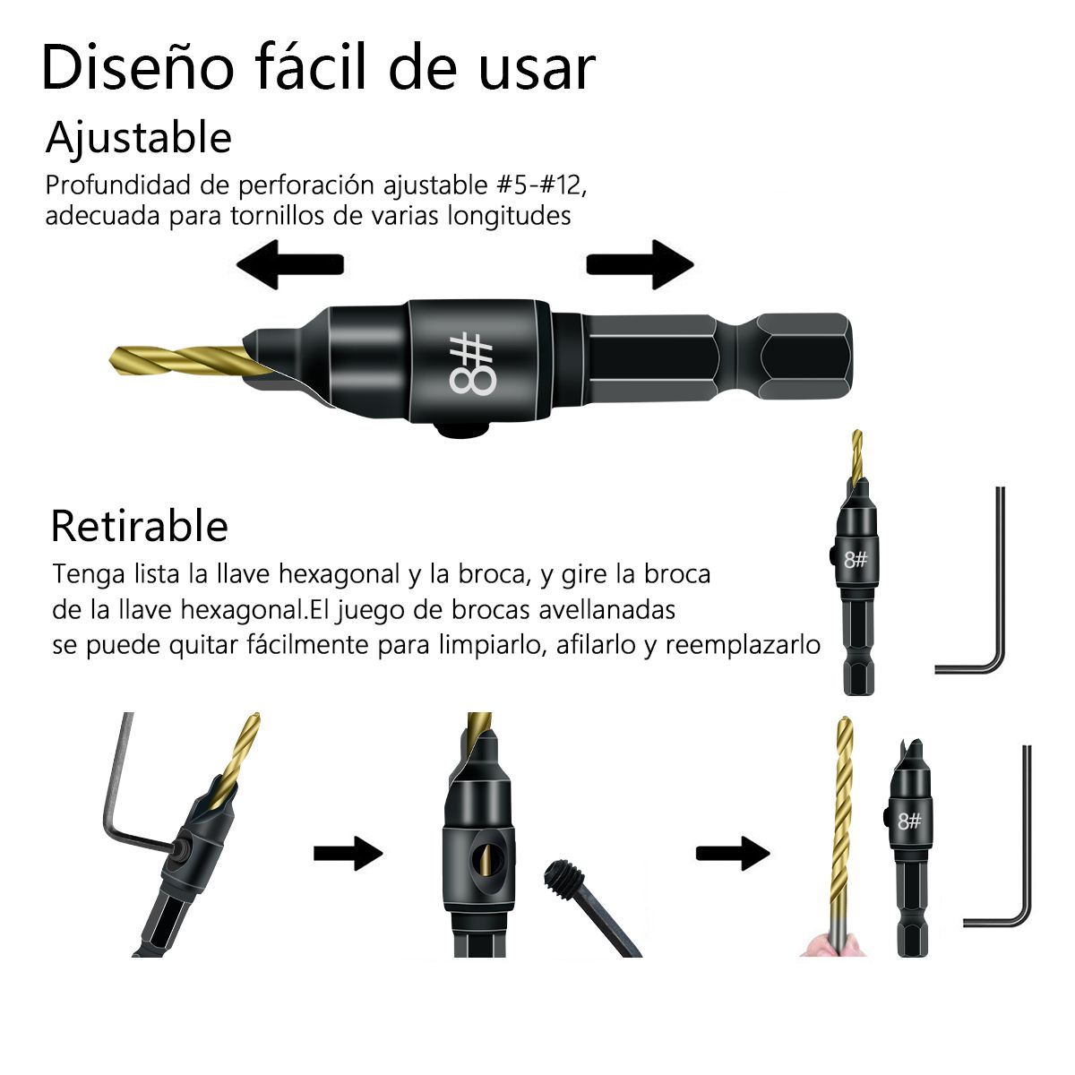 AIZO - Broca Piloto Avellanador 5 /6 /8 /10 /12mm +llave Allen
