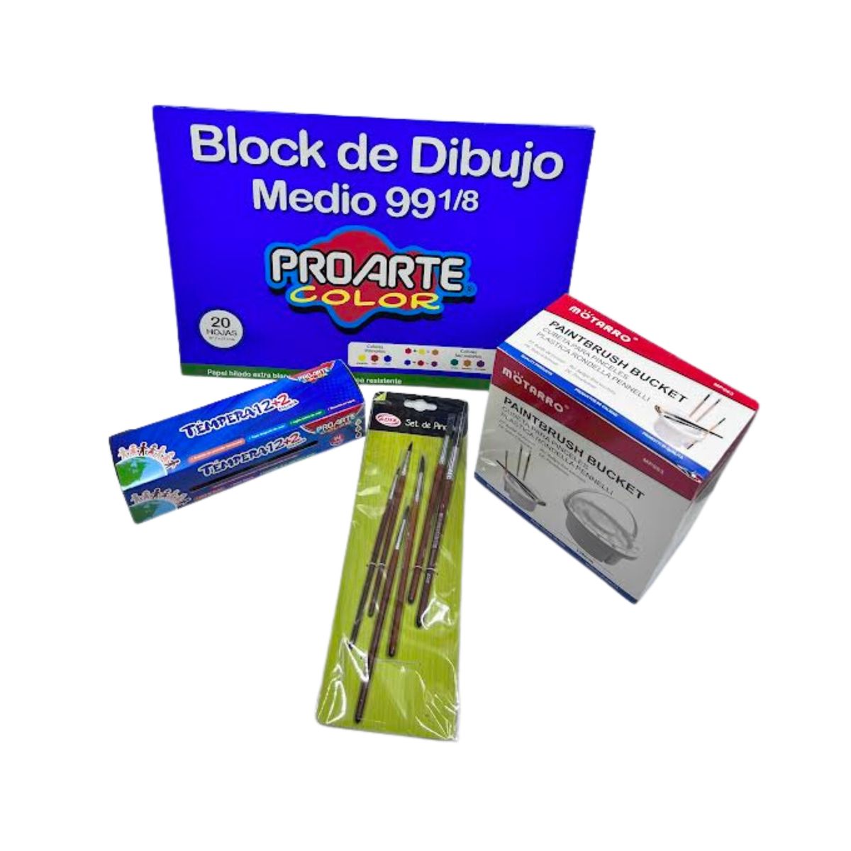 PROARTE - Combo Tempera, Balde Mezclador, Set De Pinceles Y Block 99