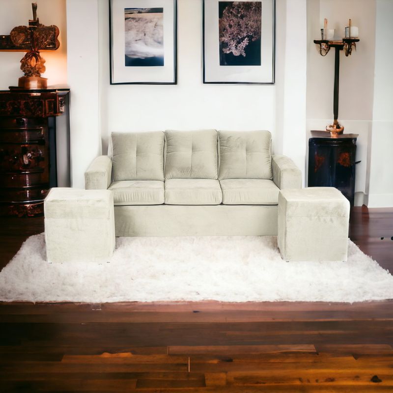 MUEBLES AMERICA - Living Emilia Sofá 3 Cuerpos 2 Pouf  Tela Felpa Beige