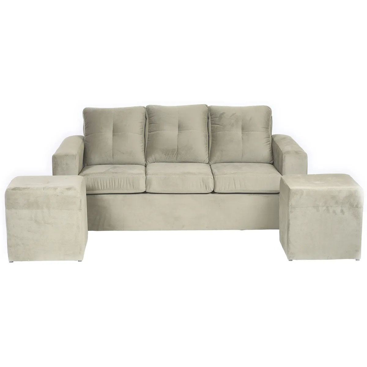 MUEBLES AMERICA - Living Emilia Sofá 3 Cuerpos 2 Pouf  Tela Felpa Beige