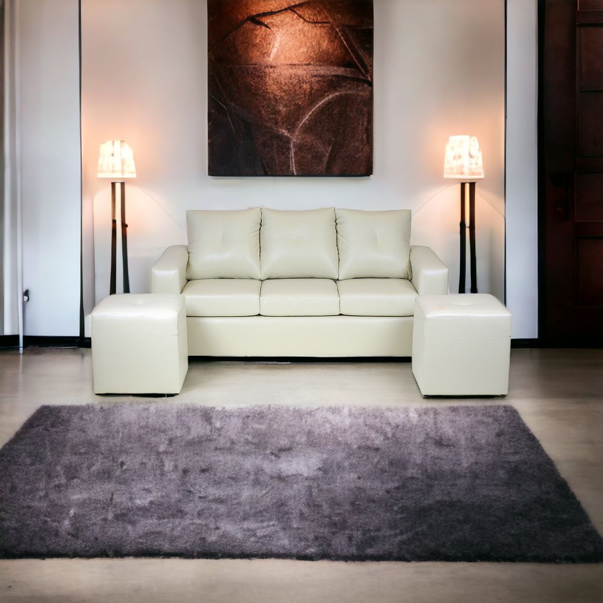 MUEBLES AMERICA - Living Emilia Sofá 3 Cuerpos 2 Pouf Pu Beige