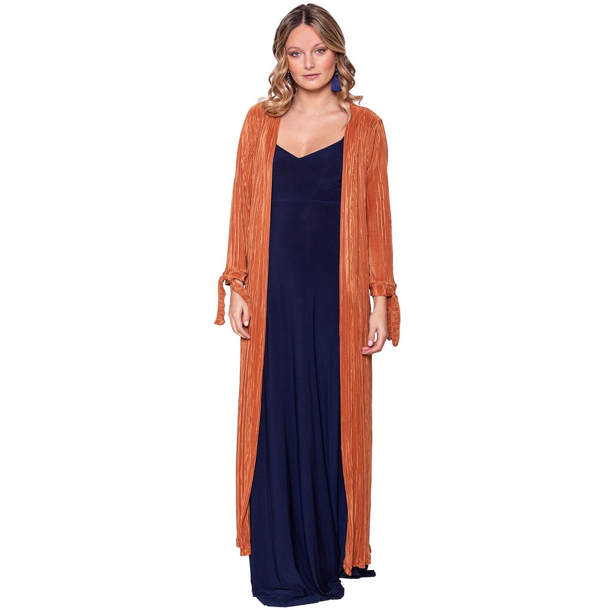 MARIA PASKARO - Tapado Kimono Largo Verona Camel Plisado Maria Paskaro - Café Claro