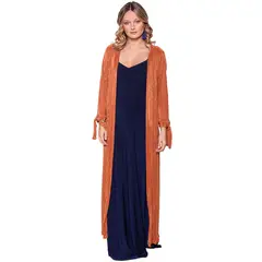 MARIA PASKARO - Tapado Kimono Largo Verona Camel Plisado - Café Claro