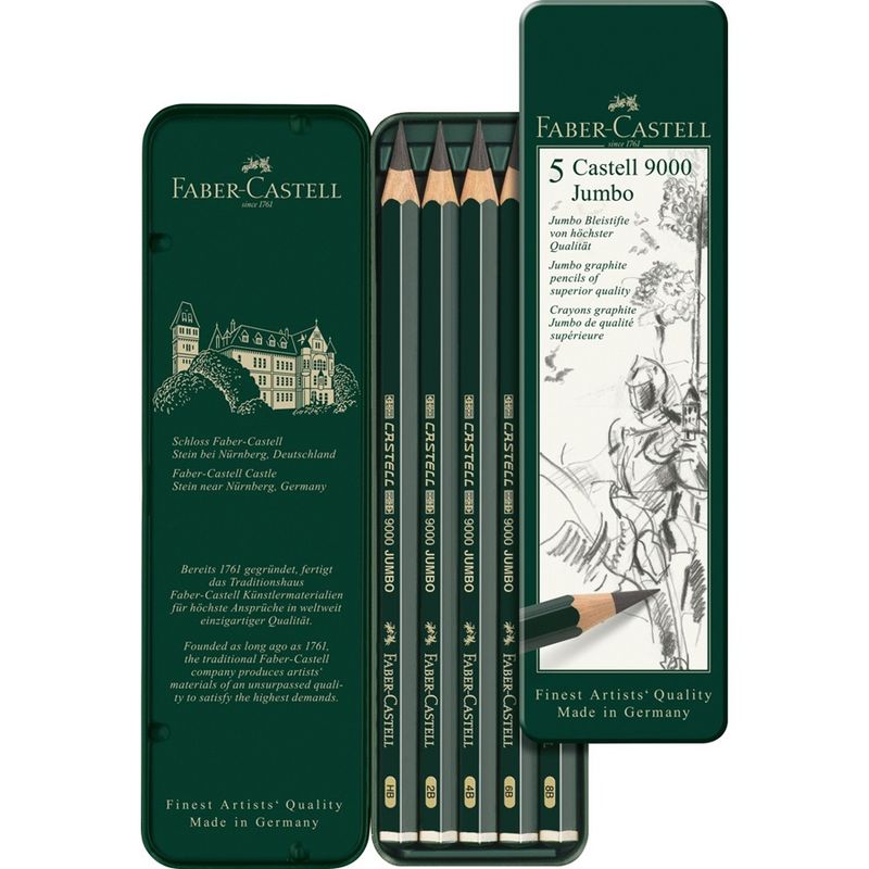 FABER-CASTELL - Estuche de metal con 5 lápices Castell 9000 Jumbo