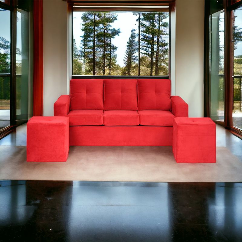 MUEBLES AMERICA - Living Emilia Sofá 3 Cuerpos 2 Pouf Tela  Felpa Rojo