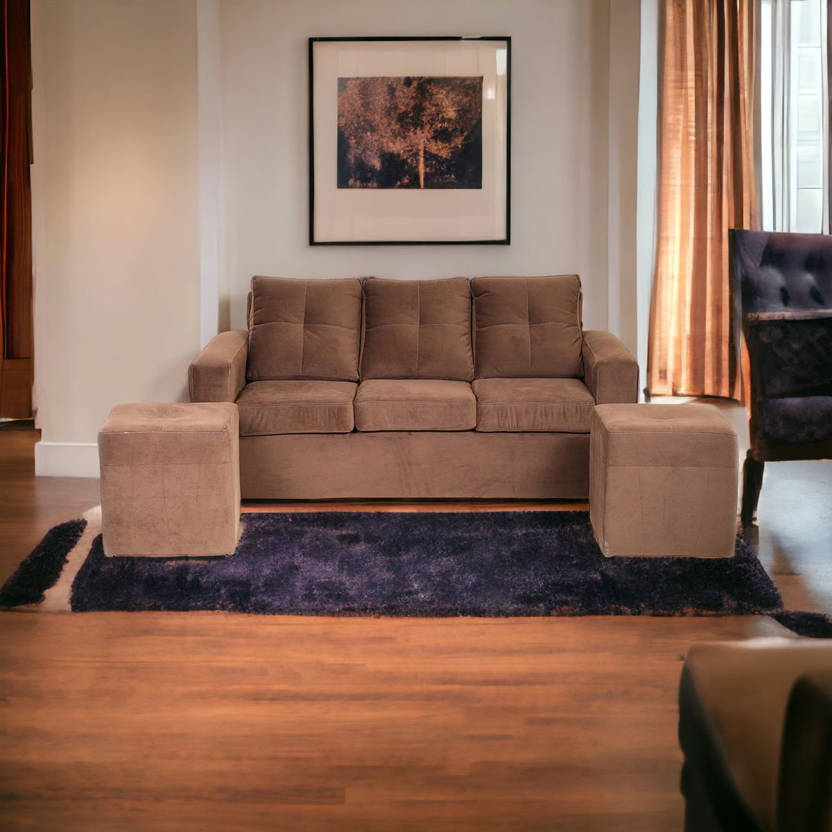 MUEBLES AMERICA - Living Emilia Sofá 3 Cuerpos 2 Pouf   Tela Felpa Chocolate