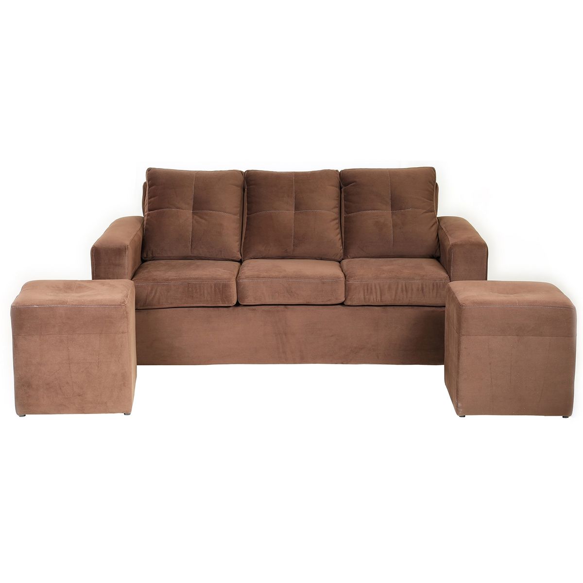 MUEBLES AMERICA - Living Emilia Sofá 3 Cuerpos 2 Pouf   Tela Felpa Chocolate