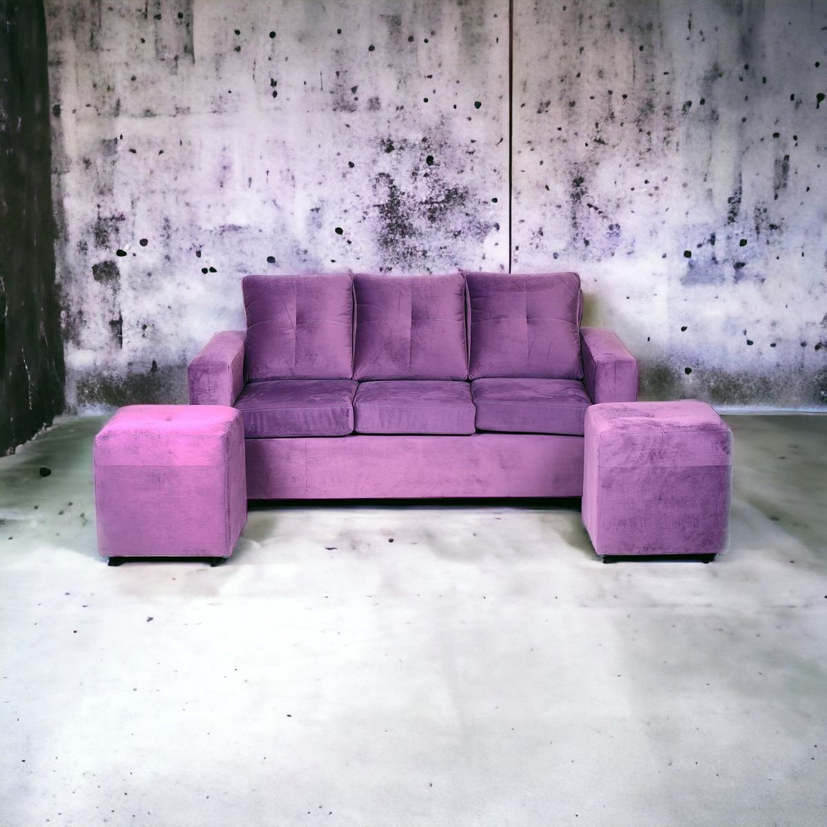 MUEBLES AMERICA - Living Emilia Sofá 3 Cuerpos 2 Pouf Tela Felpa Lila